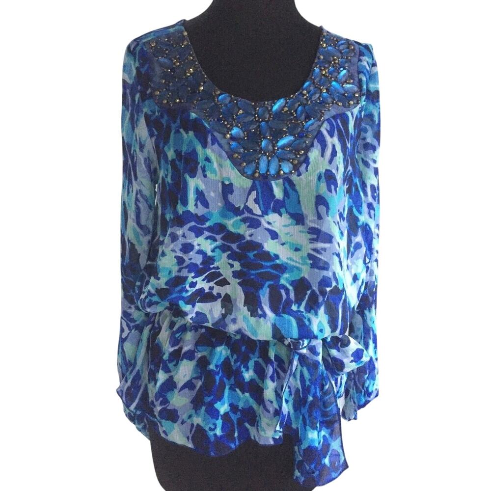 Cache Blue Elaborate Embellished Peasant Boho Top + Belt Sheer Illusion $138 NWT